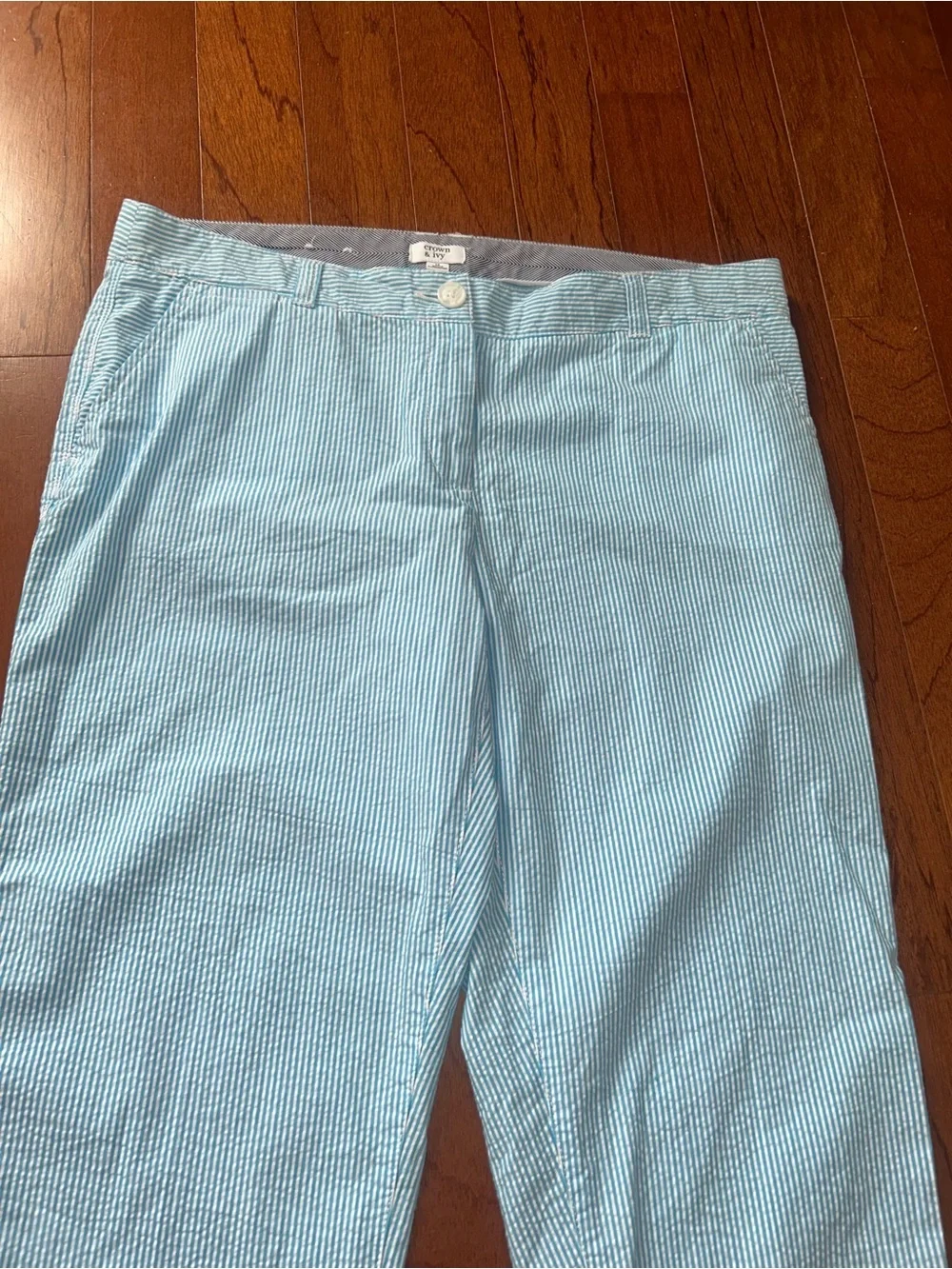 Crown & Ivy Seersucker Boating Pants Cropped Cotton Chino Sz 14 Coastal Nautical